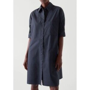 COS Women's Smocked Puff Sleeve Shirt Dress Relaxed Fit Navy Blue Size 14